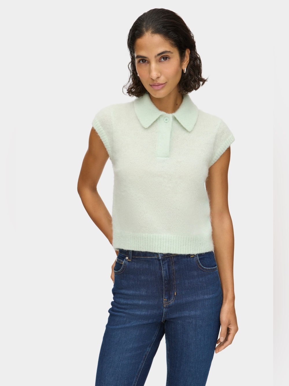 ALIGNE Mohair Knit Polo Top Mint Sweater Short Sleeve Lightweight Green